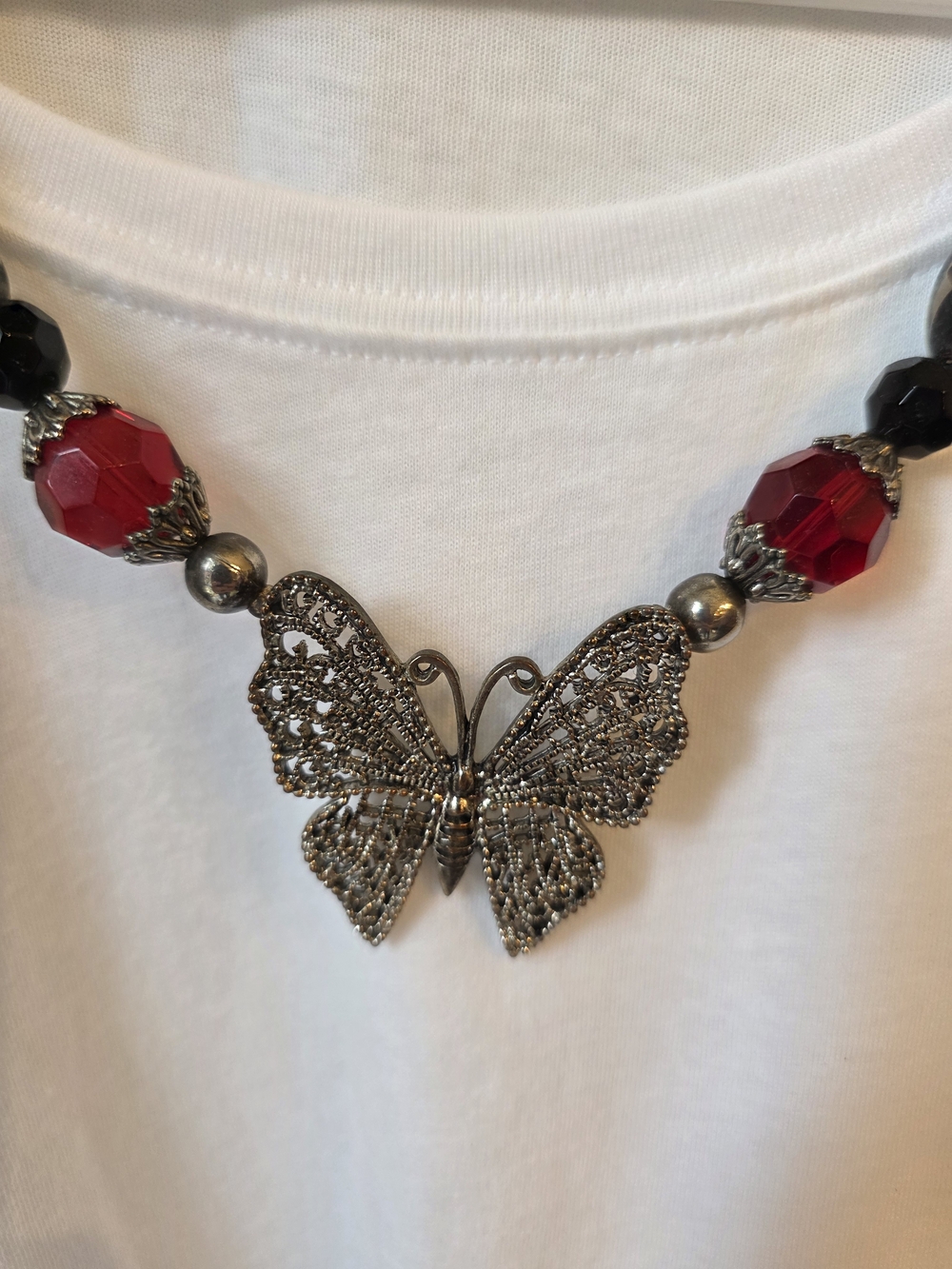 Butterfly Pendant Necklace with Red and Black Beads #10